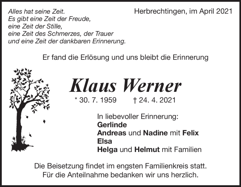  Traueranzeige für Klaus Werner vom 30.04.2021 aus Heidenheimer Zeitung