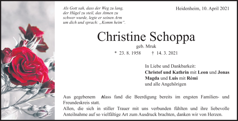  Traueranzeige für Christine Schoppa vom 10.04.2021 aus Heidenheimer Zeitung