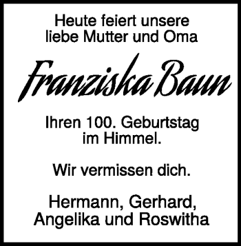 Traueranzeige von Franziska Baun von Heidenheimer Zeitung