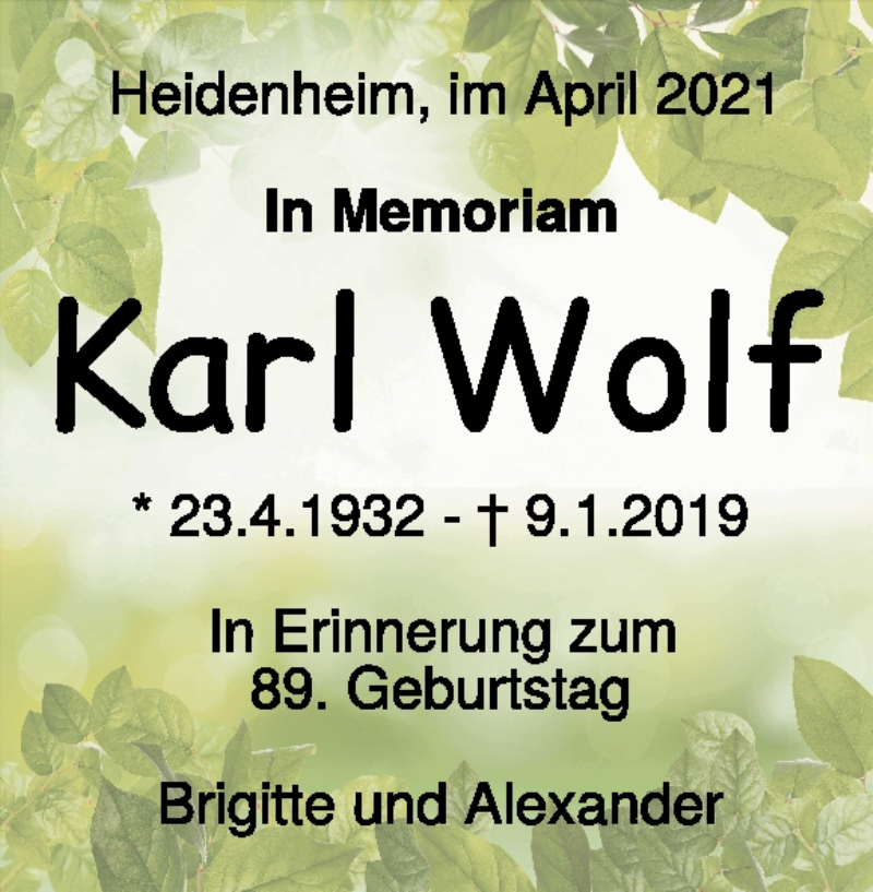  Traueranzeige für Karl Wolf vom 23.04.2021 aus Heidenheimer Zeitung