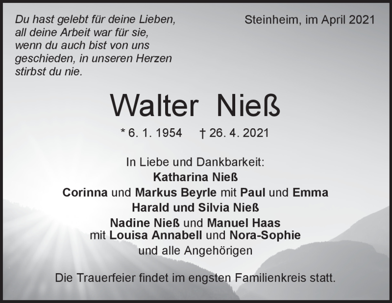  Traueranzeige für Walter Nieß vom 30.04.2021 aus Heidenheimer Zeitung