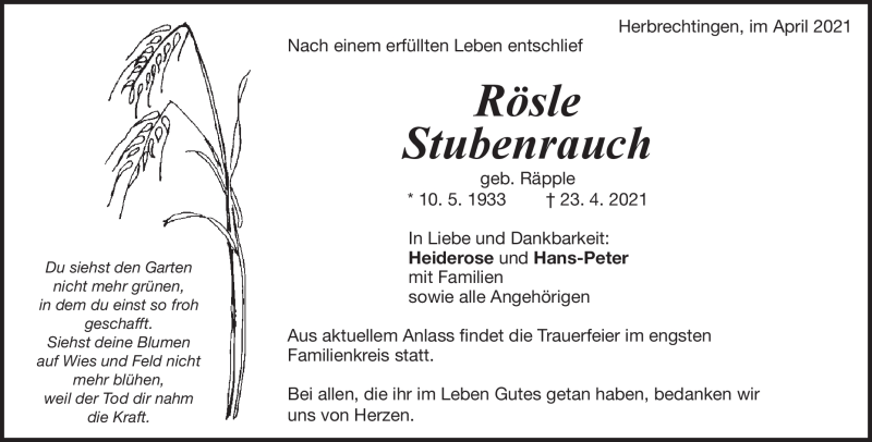  Traueranzeige für Rösle Stubenrauch vom 27.04.2021 aus Heidenheimer Zeitung