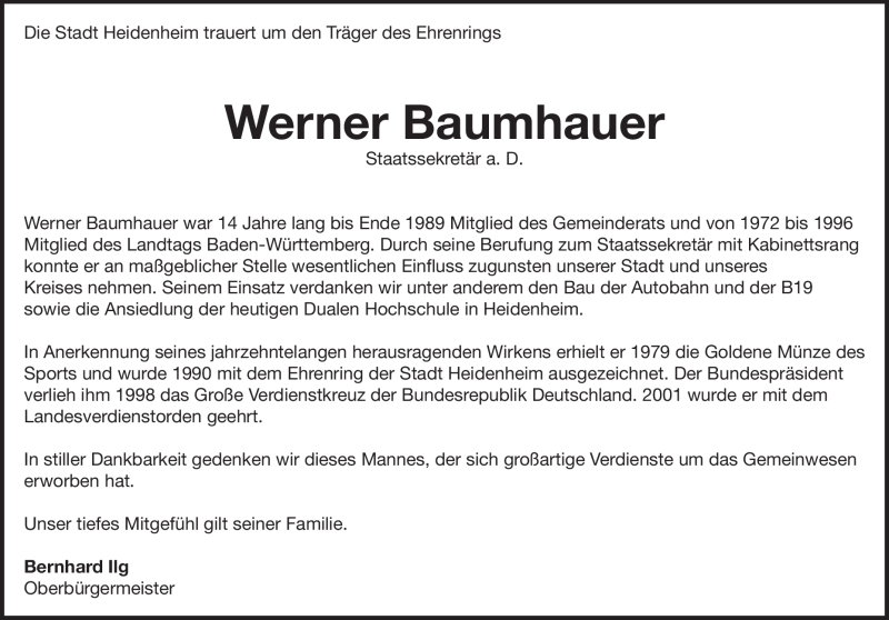  Traueranzeige für Werner Baumhauer vom 10.04.2021 aus Heidenheimer Zeitung