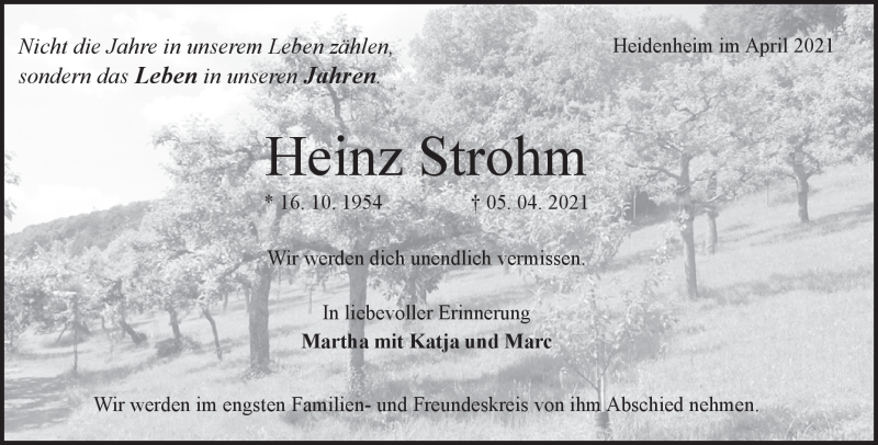  Traueranzeige für Heinz Strohm vom 10.04.2021 aus Heidenheimer Zeitung