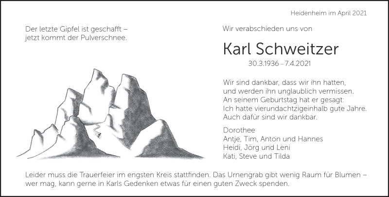  Traueranzeige für Karl  Schweitzer vom 20.04.2021 aus Heidenheimer Zeitung