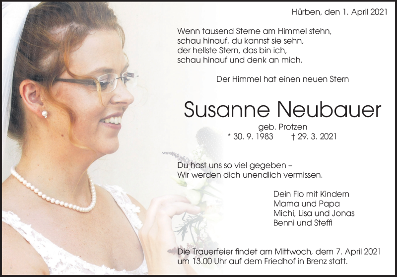  Traueranzeige für Susanne Neubauer vom 01.04.2021 aus Heidenheimer Zeitung