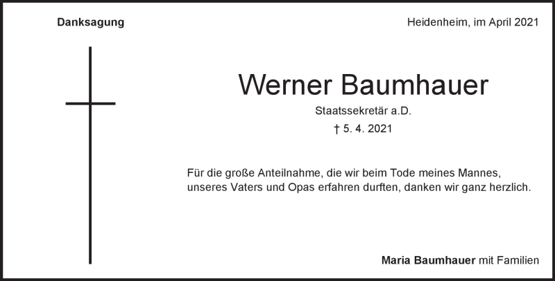  Traueranzeige für Werner Baumhauer vom 24.04.2021 aus Heidenheimer Zeitung