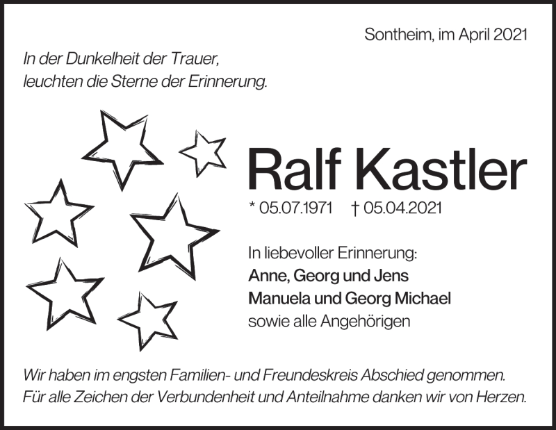  Traueranzeige für Ralf Kastler vom 17.04.2021 aus Heidenheimer Zeitung