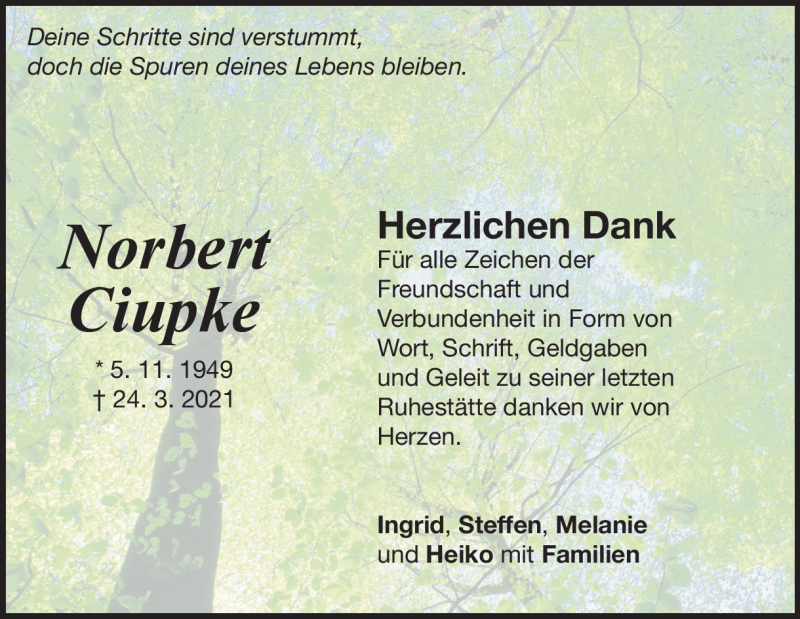  Traueranzeige für Norbert Ciupke vom 17.04.2021 aus Heidenheimer Zeitung