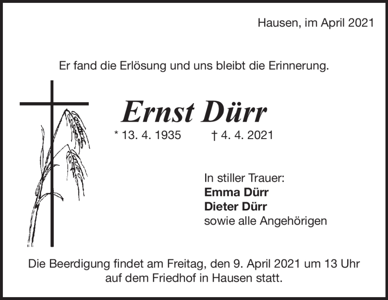  Traueranzeige für Ernst Dürr vom 08.04.2021 aus Heidenheimer Zeitung