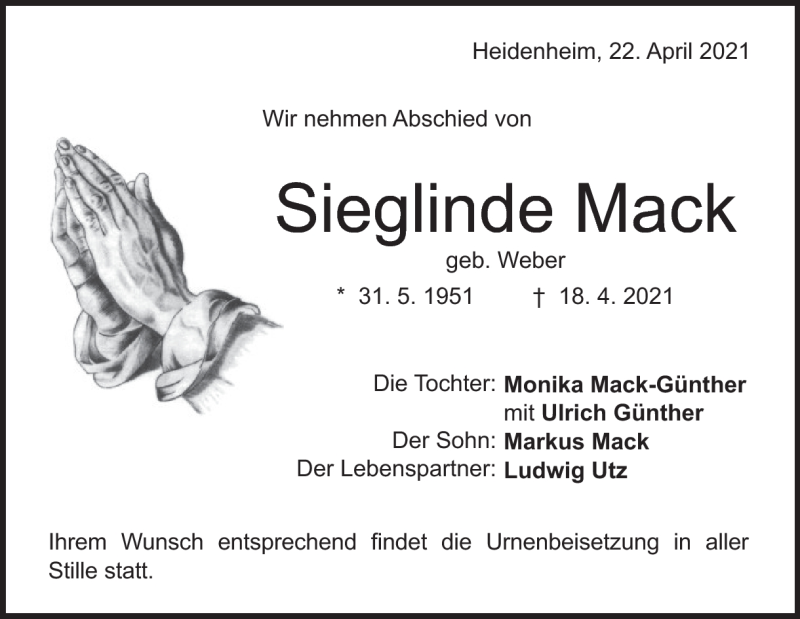  Traueranzeige für Sieglinde Mack vom 22.04.2021 aus Heidenheimer Zeitung