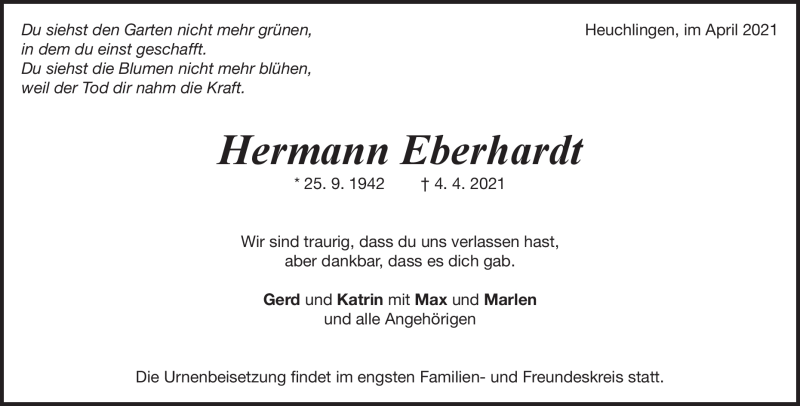  Traueranzeige für Hermann Eberhardt vom 09.04.2021 aus Heidenheimer Zeitung