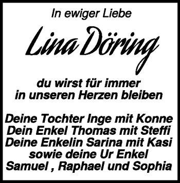 Traueranzeige von Lina Döring von Heidenheimer Zeitung