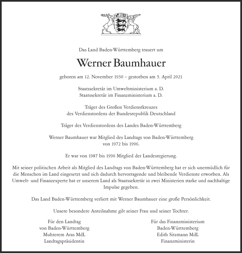  Traueranzeige für Werner Baumhauer vom 15.04.2021 aus Heidenheimer Zeitung