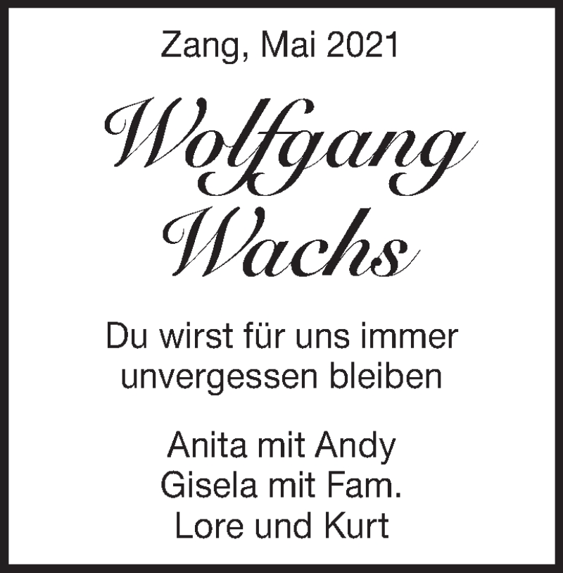 Traueranzeige für Wolfgang Wachs vom 11.05.2021 aus Heidenheimer Zeitung