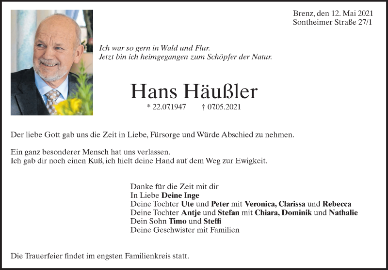  Traueranzeige für Hans Häußler vom 12.05.2021 aus Heidenheimer Zeitung