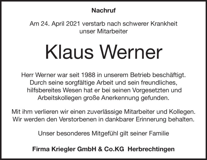  Traueranzeige für Klaus Werner vom 07.05.2021 aus Heidenheimer Zeitung