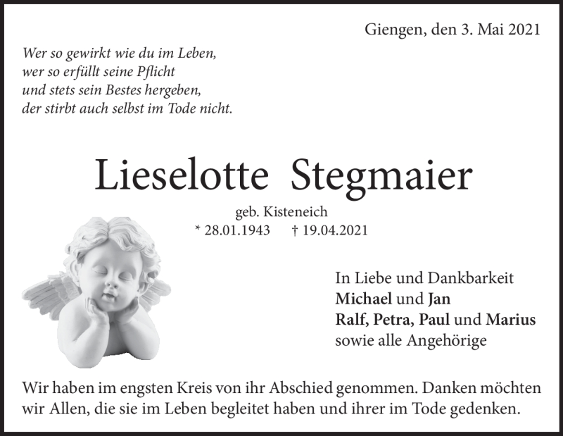  Traueranzeige für Lieselotte Stegmaier vom 03.05.2021 aus Heidenheimer Zeitung