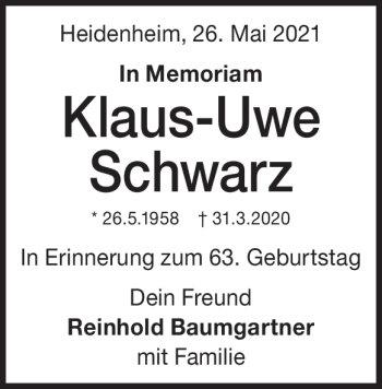 Traueranzeige von Klaus-Uwe Schwaz von Heidenheimer Zeitung