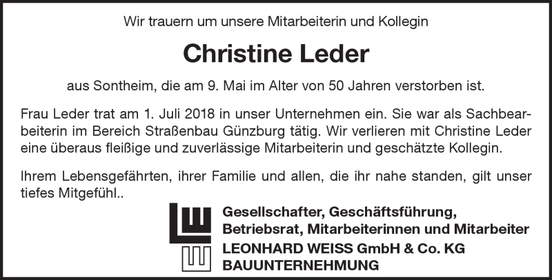  Traueranzeige für Christine Leder vom 26.05.2021 aus Heidenheimer Zeitung