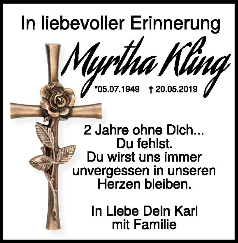  Traueranzeige für Myrtha Kling vom 20.05.2021 aus Heidenheimer Zeitung