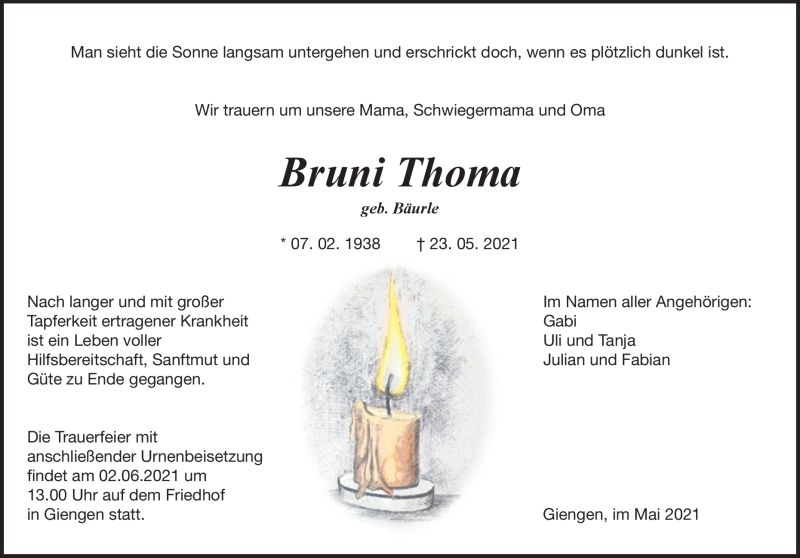  Traueranzeige für Brunhilde Thoma vom 31.05.2021 aus Heidenheimer Zeitung