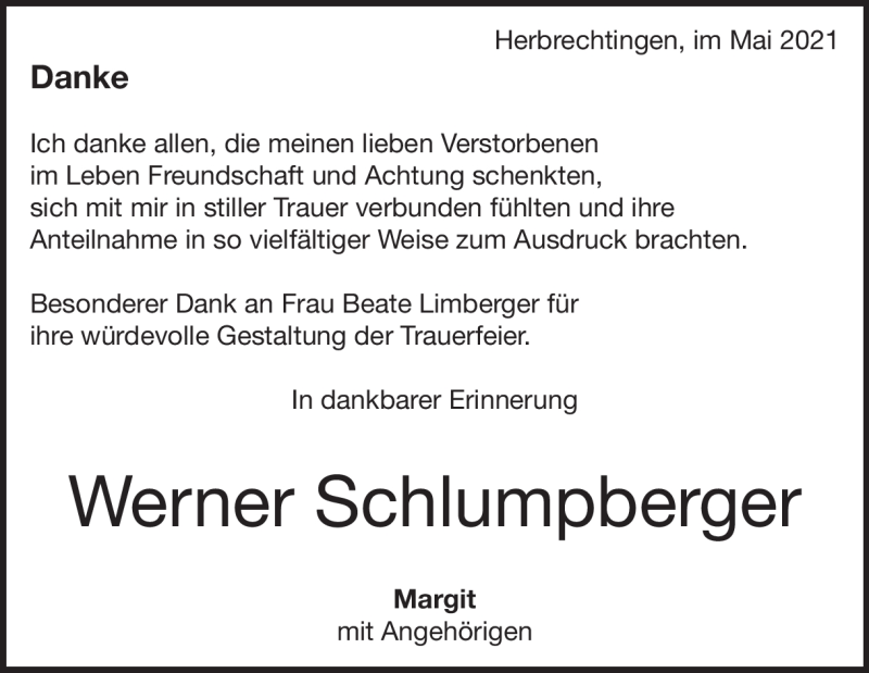  Traueranzeige für Werner Schlumpberger vom 03.05.2021 aus Heidenheimer Zeitung