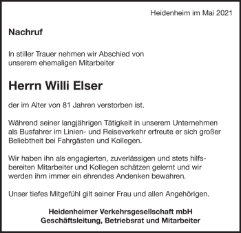 Traueranzeige von Willi Elser von Heidenheimer Zeitung