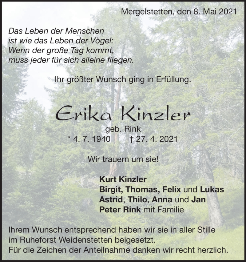  Traueranzeige für Erika Kinzler vom 08.05.2021 aus Heidenheimer Zeitung