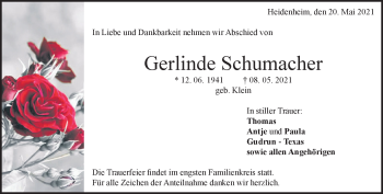 Traueranzeige von Gerlinde Schumacher von Heidenheimer Zeitung