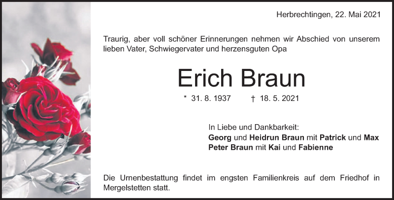  Traueranzeige für Erich Braun vom 22.05.2021 aus Heidenheimer Zeitung
