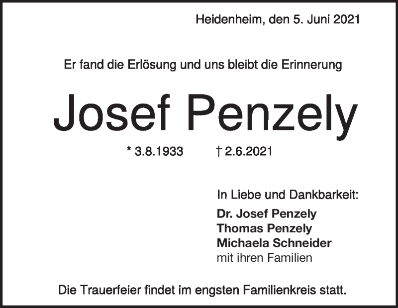  Traueranzeige für Josef Penzely vom 05.06.2021 aus Heidenheimer Zeitung