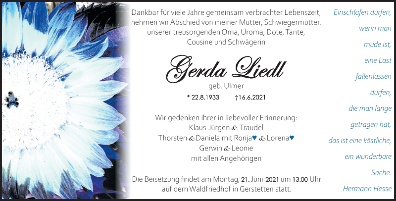  Traueranzeige für Gerda Liedl vom 19.06.2021 aus Heidenheimer Zeitung
