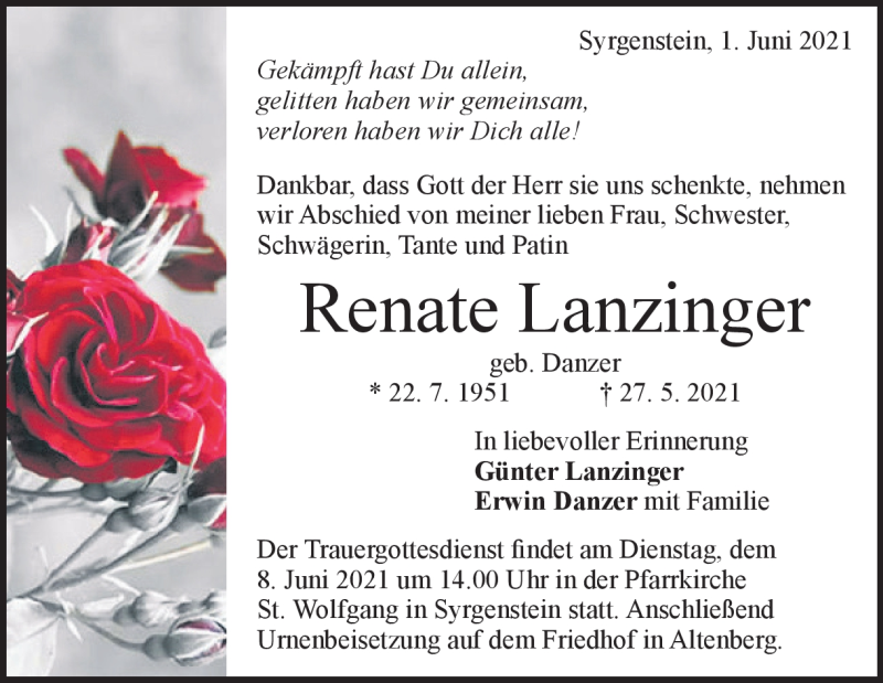  Traueranzeige für Renate Lanzinger vom 01.06.2021 aus Heidenheimer Zeitung