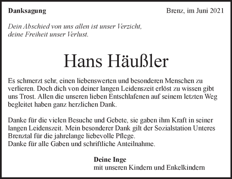  Traueranzeige für Hans Häußler vom 05.06.2021 aus Heidenheimer Zeitung