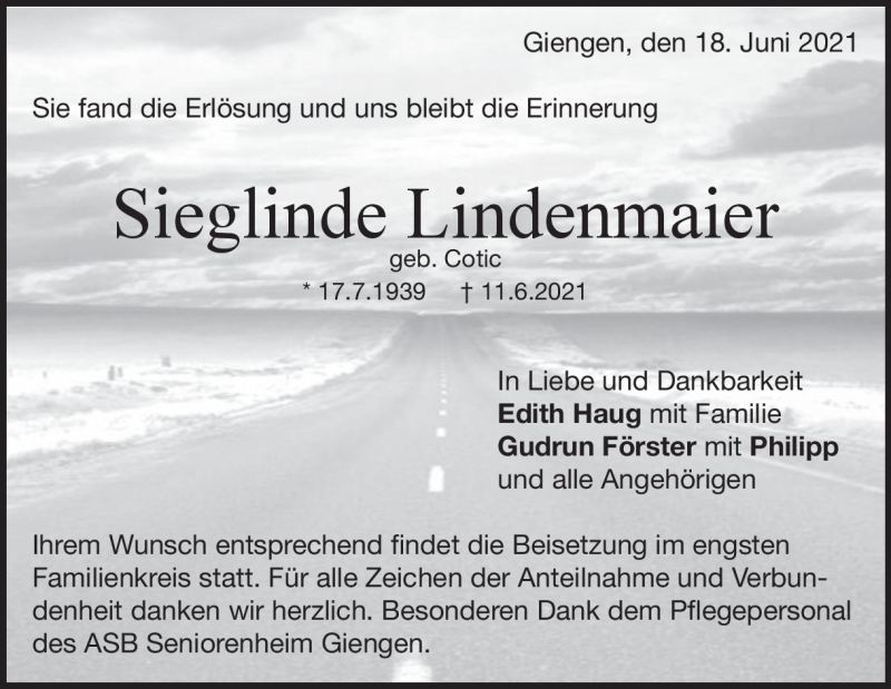  Traueranzeige für Sieglinde Lindenmaier vom 18.06.2021 aus Heidenheimer Zeitung