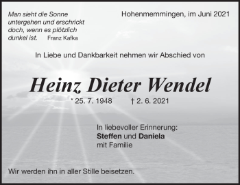 Traueranzeige von Heinz Dieter Wendel von Heidenheimer Zeitung