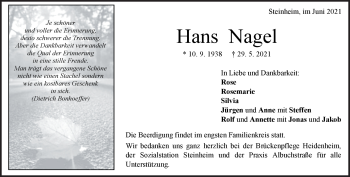 Traueranzeige von Hans Nagel von Heidenheimer Zeitung