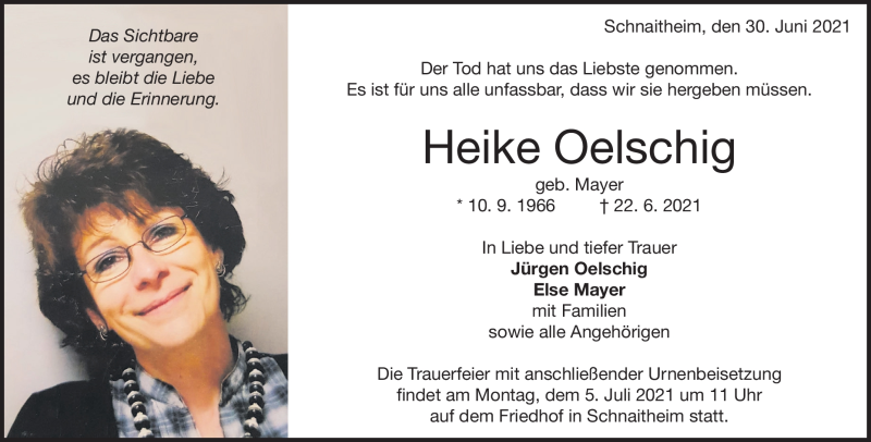  Traueranzeige für Heike Oelschig vom 30.06.2021 aus Heidenheimer Zeitung
