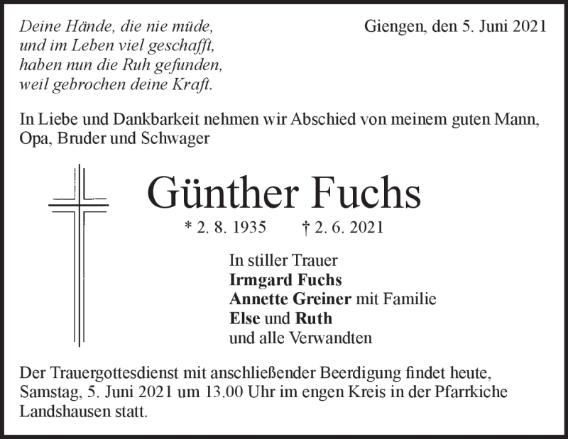  Traueranzeige für Günther Fuchs vom 05.06.2021 aus Heidenheimer Zeitung