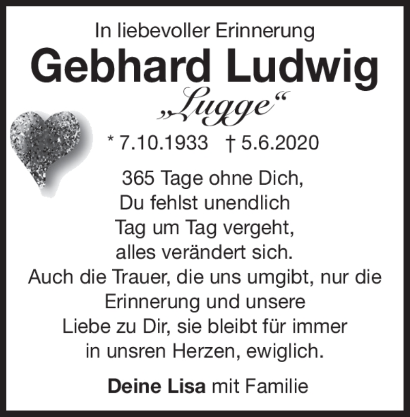  Traueranzeige für Gebhard Ludwig  vom 05.06.2021 aus Heidenheimer Zeitung