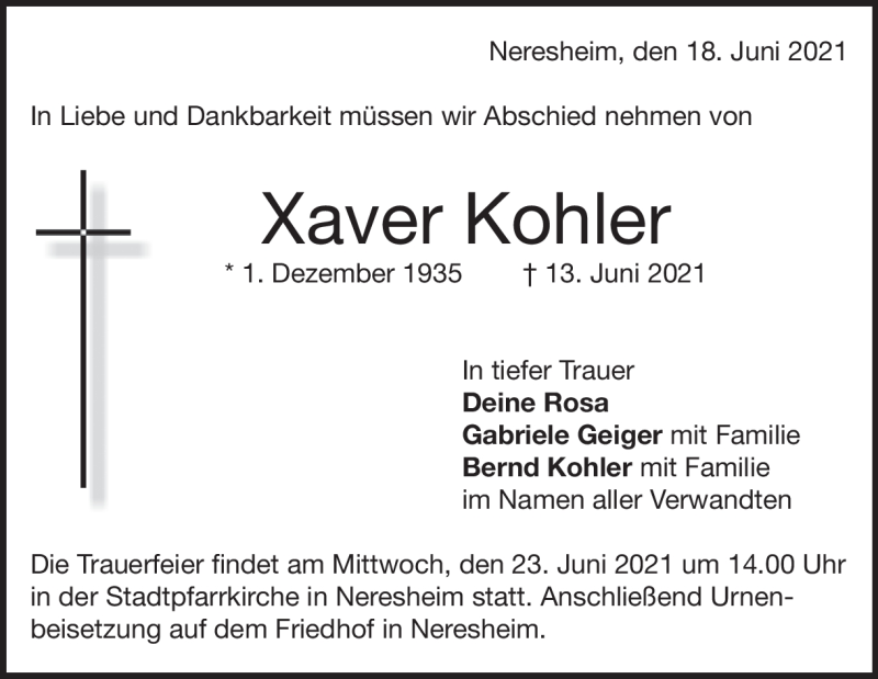  Traueranzeige für Xaver Kohler vom 18.06.2021 aus Heidenheimer Zeitung