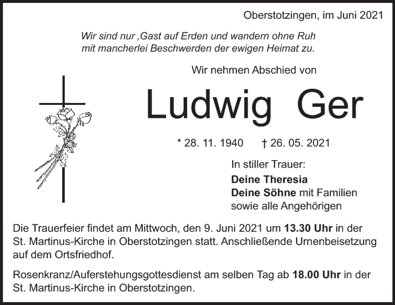  Traueranzeige für Ludwig Ger vom 05.06.2021 aus Heidenheimer Zeitung