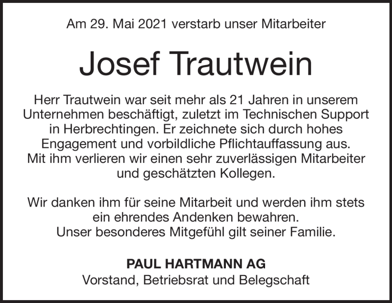  Traueranzeige für Josef Trautwein vom 15.06.2021 aus Heidenheimer Zeitung
