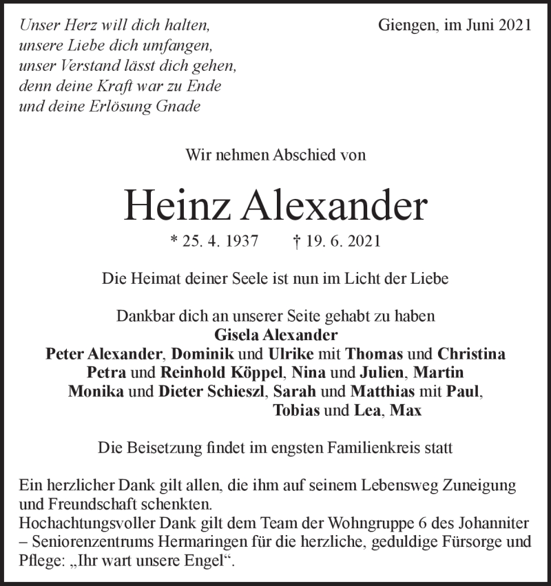  Traueranzeige für Heinz Alexander vom 26.06.2021 aus Heidenheimer Zeitung
