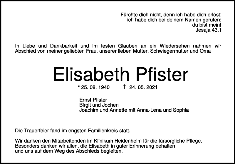 Traueranzeige für Elisabeth Pfister vom 05.06.2021 aus Heidenheimer Zeitung