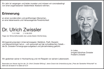 Traueranzeige von Dr. Ulrich  Zwissler von Heidenheimer Zeitung