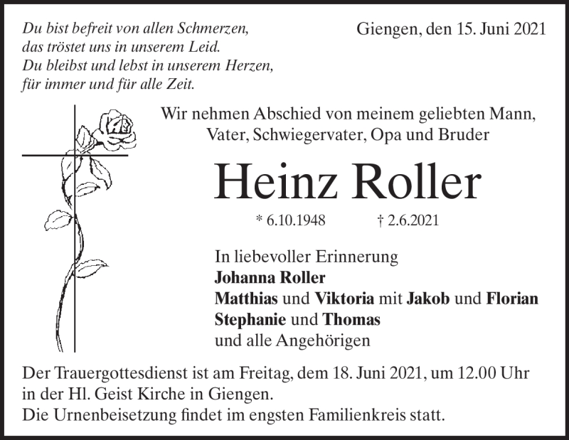  Traueranzeige für Heinz Roller vom 15.06.2021 aus Heidenheimer Zeitung