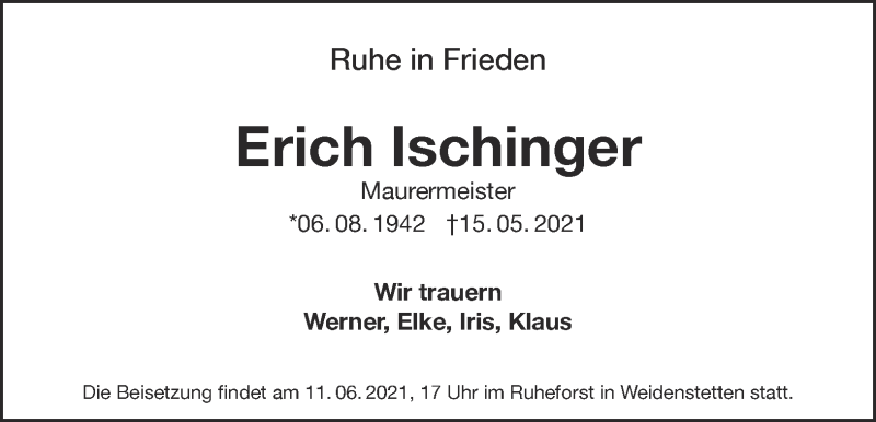  Traueranzeige für Erich Ischinger vom 05.06.2021 aus 