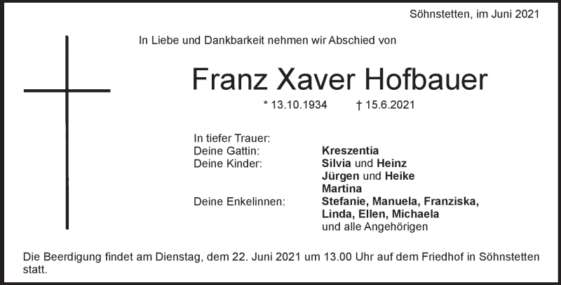  Traueranzeige für Franz Hofbauer vom 19.06.2021 aus Heidenheimer Zeitung